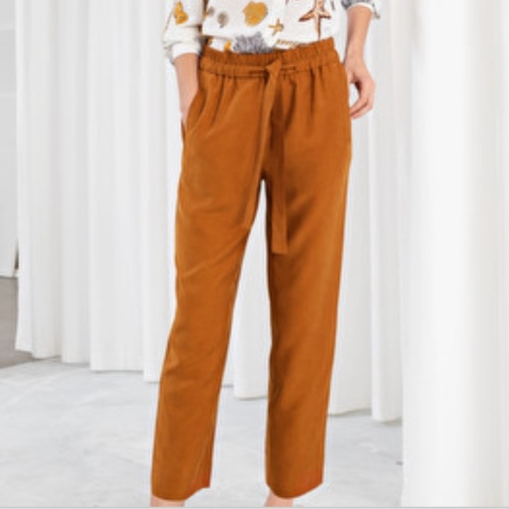 & Other Stories Orange Cupro Slim Leg Tie Waist Pull On Pants Trousers